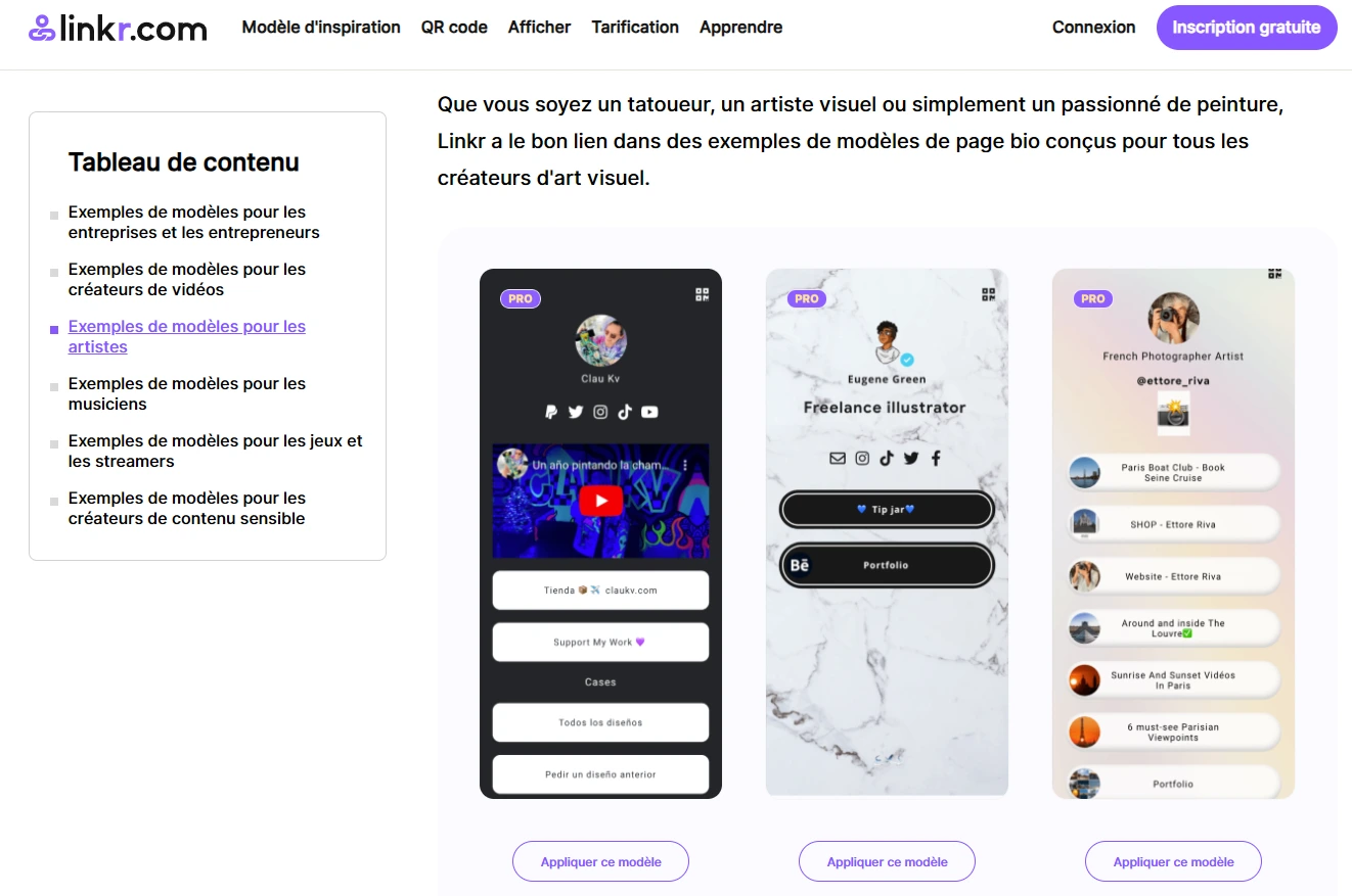 Exemple de modèles de Linkr
