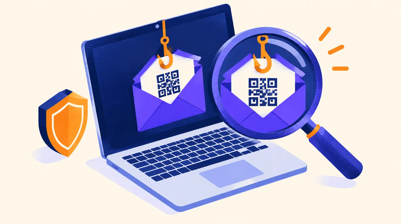 Simulation de phishing : faux e-mail et QR code piégé repérés à la loupe sur un ordinateur portable