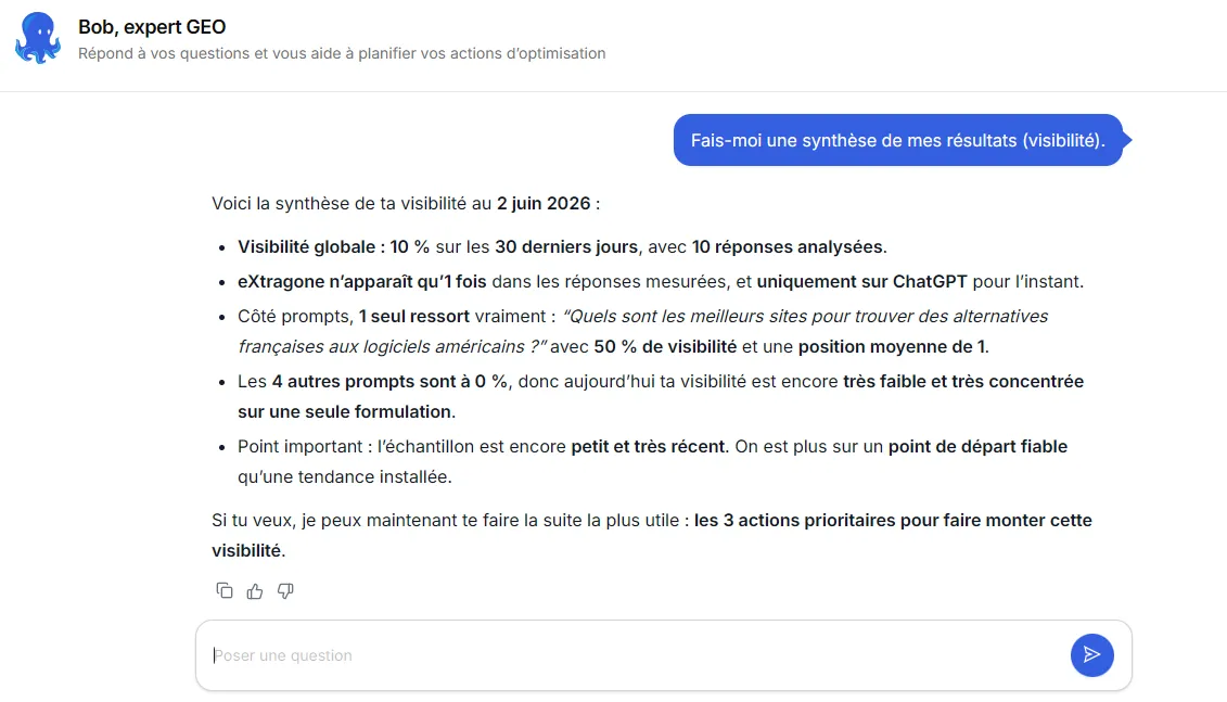 Bob est votre assistant/expert GEO pour répondre à vos questions.