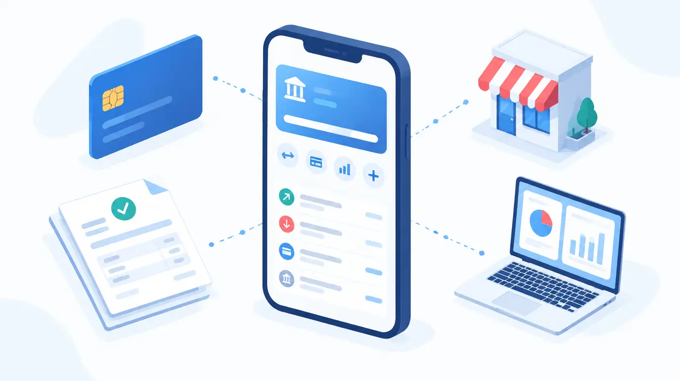 Application de compte pro en ligne sur smartphone avec carte bancaire, factures et commerce