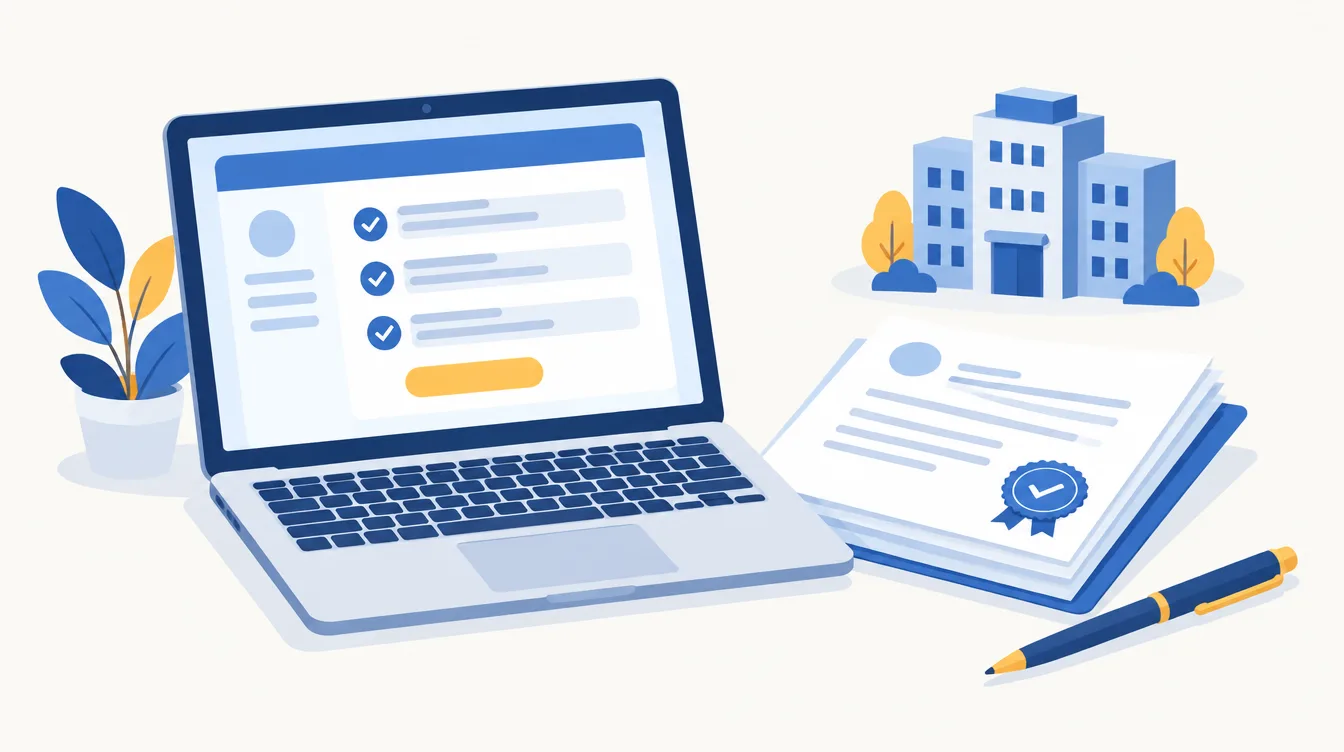 Illustration d'une création d'entreprise en ligne : formulaire sur ordinateur portable et statuts tamponnés