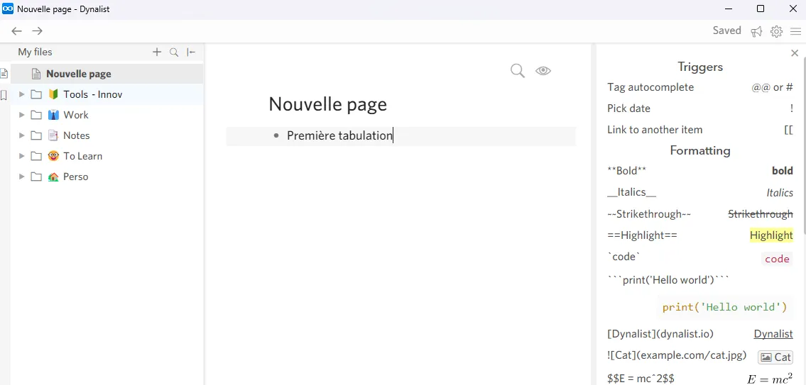 Interface de Dynalist
