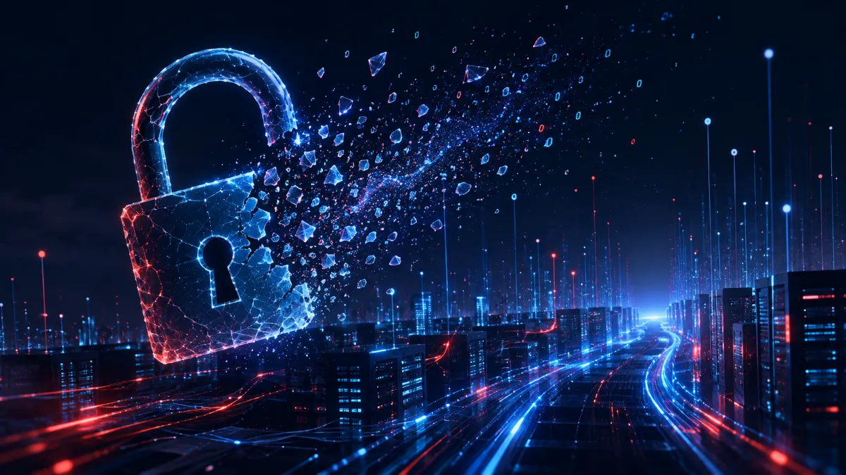 Cadenas numérique brisé se dissolvant en particules de données au-dessus de serveurs, illustrant une cyberattaque de grande ampleur