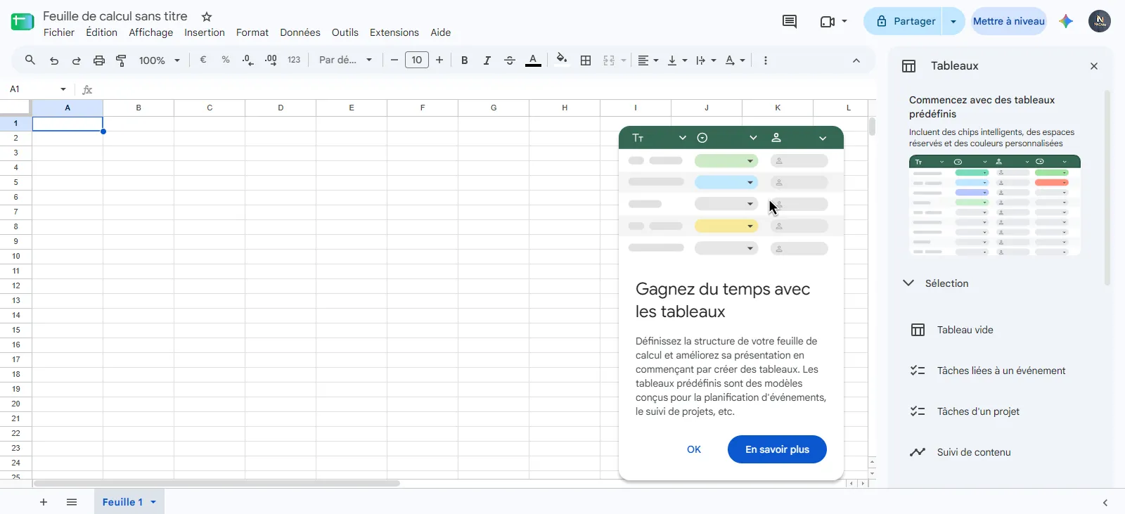 Capture d'écran de Google Sheets