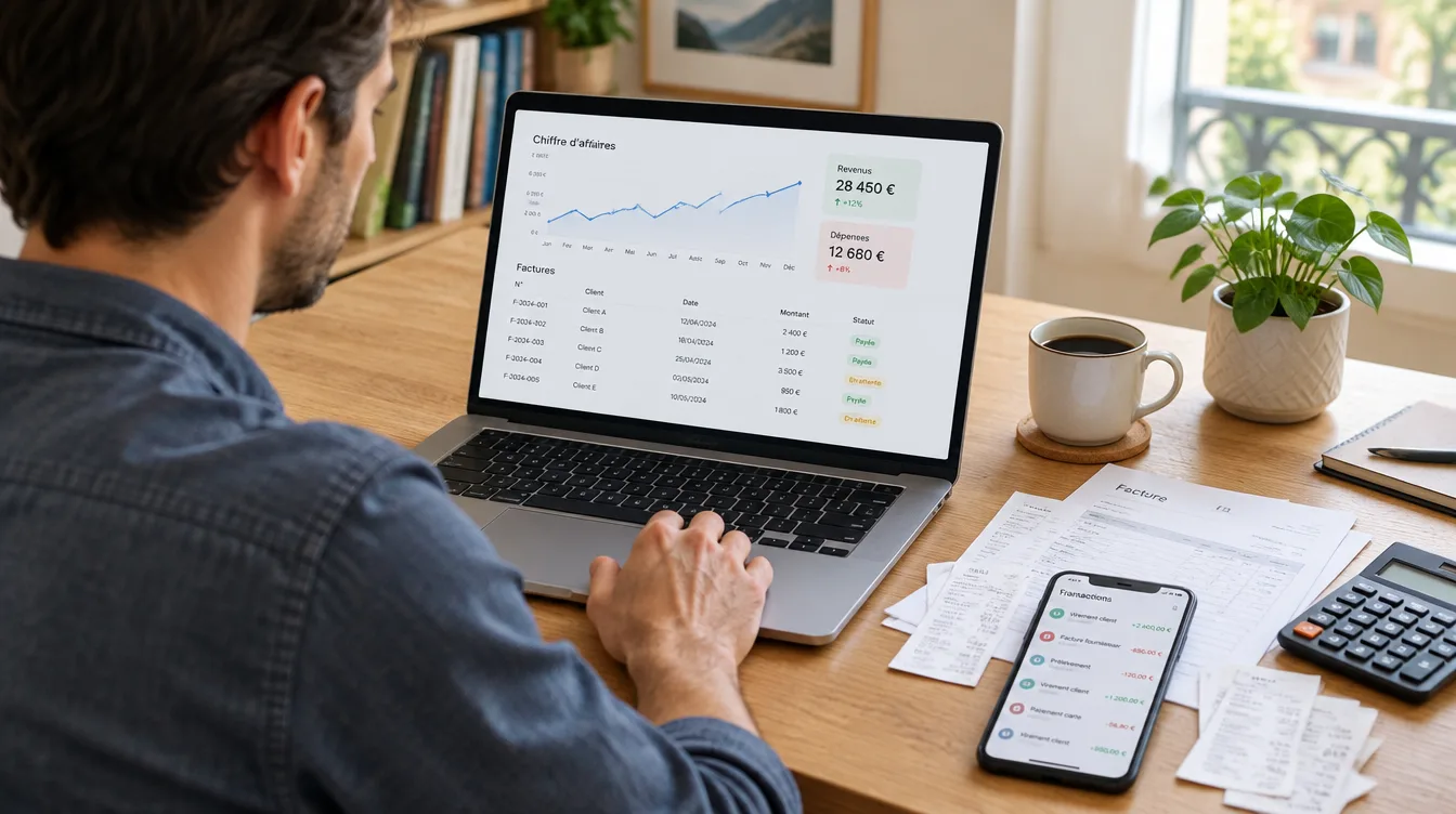 Indépendant à son bureau consultant un tableau de bord de comptabilité sur son ordinateur, factures et calculatrice à côté