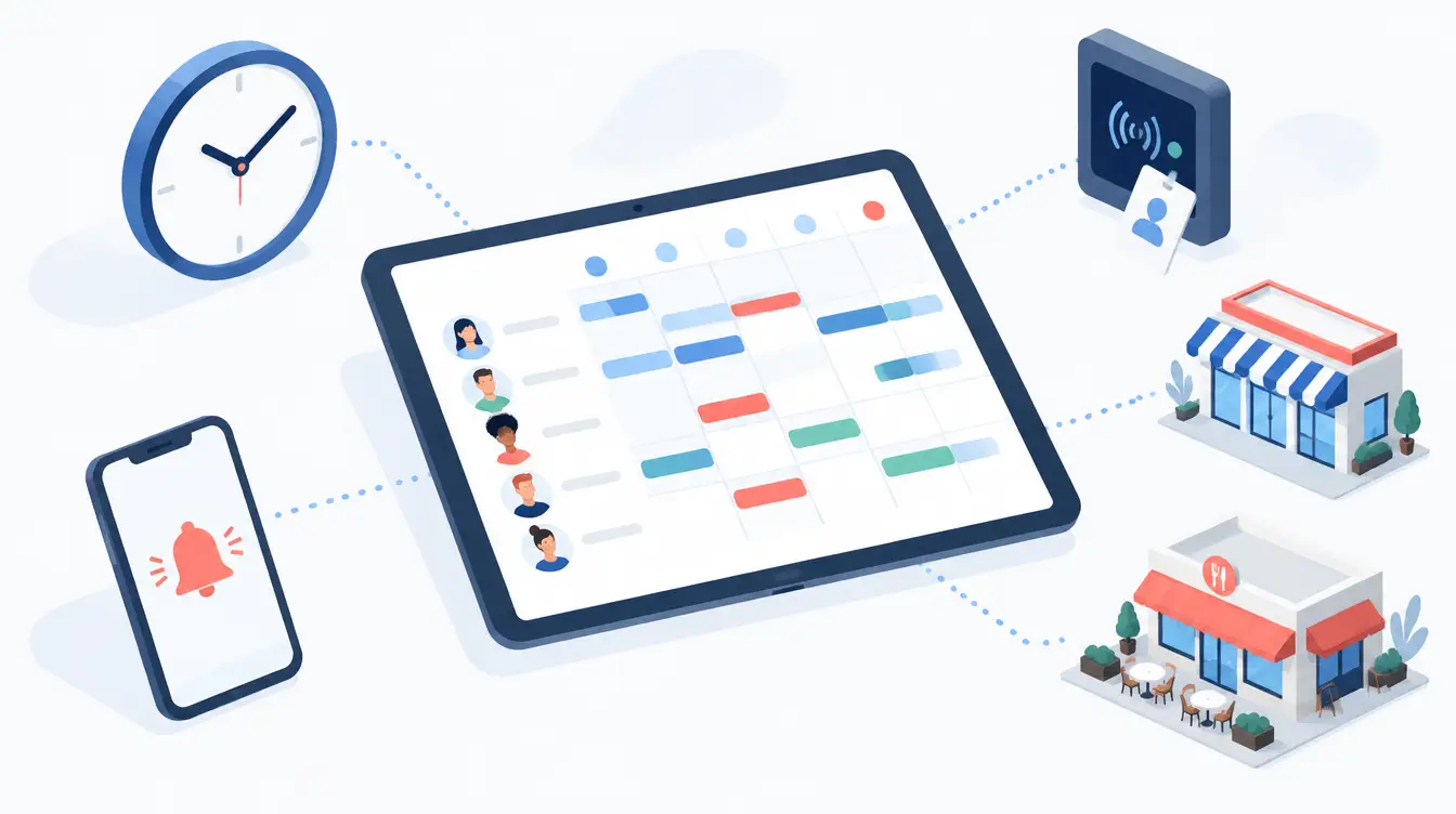 Logiciel de planning du personnel sur tablette avec horaires des salariés, badgeuse et notifications mobiles