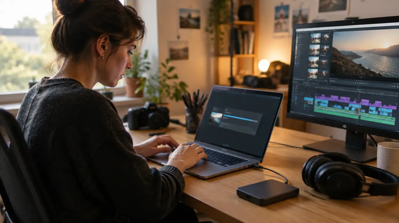 Monteuse vidéo qui envoie des fichiers volumineux depuis son ordinateur portable dans son studio