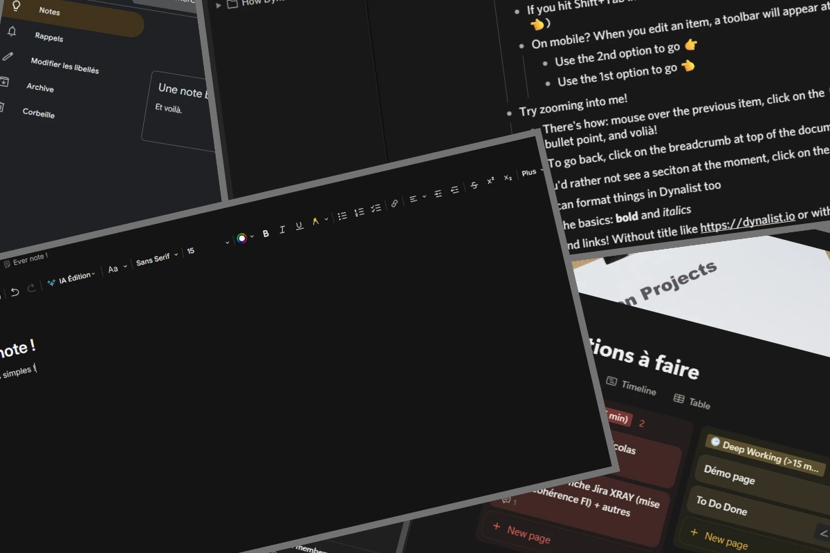 Captures d'écran des interfaces de Google Keep, Notion, Dynalist et Evernote