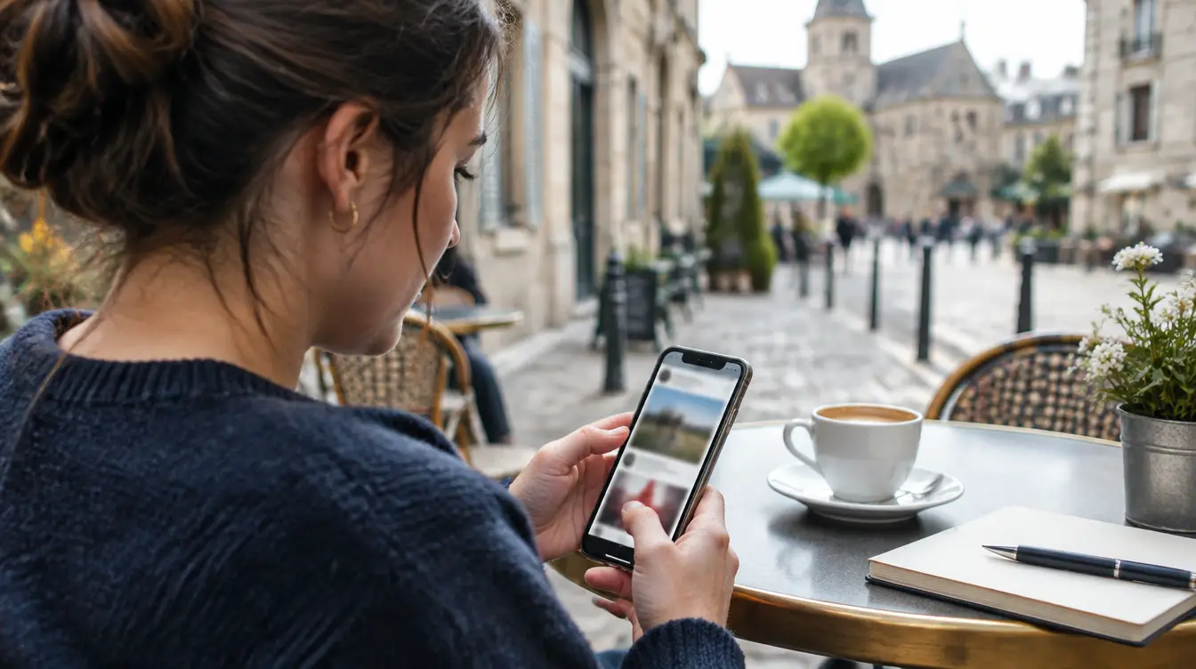 Une femme assise en terrasse de café dans une ville française consulte un fil d'actualité sur son smartphone