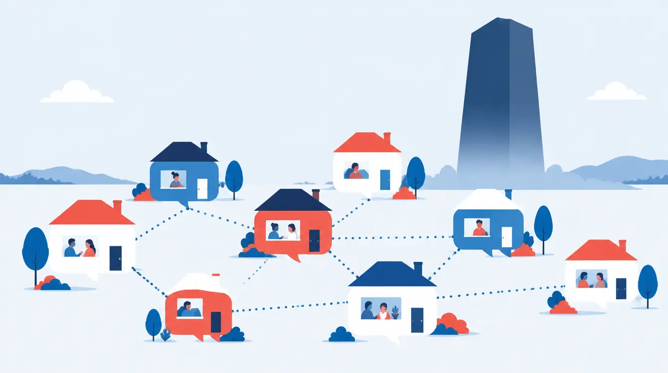 Illustration de petites maisons en forme de bulles de discussion reliées entre elles, avec une tour sombre qui s'efface au loin