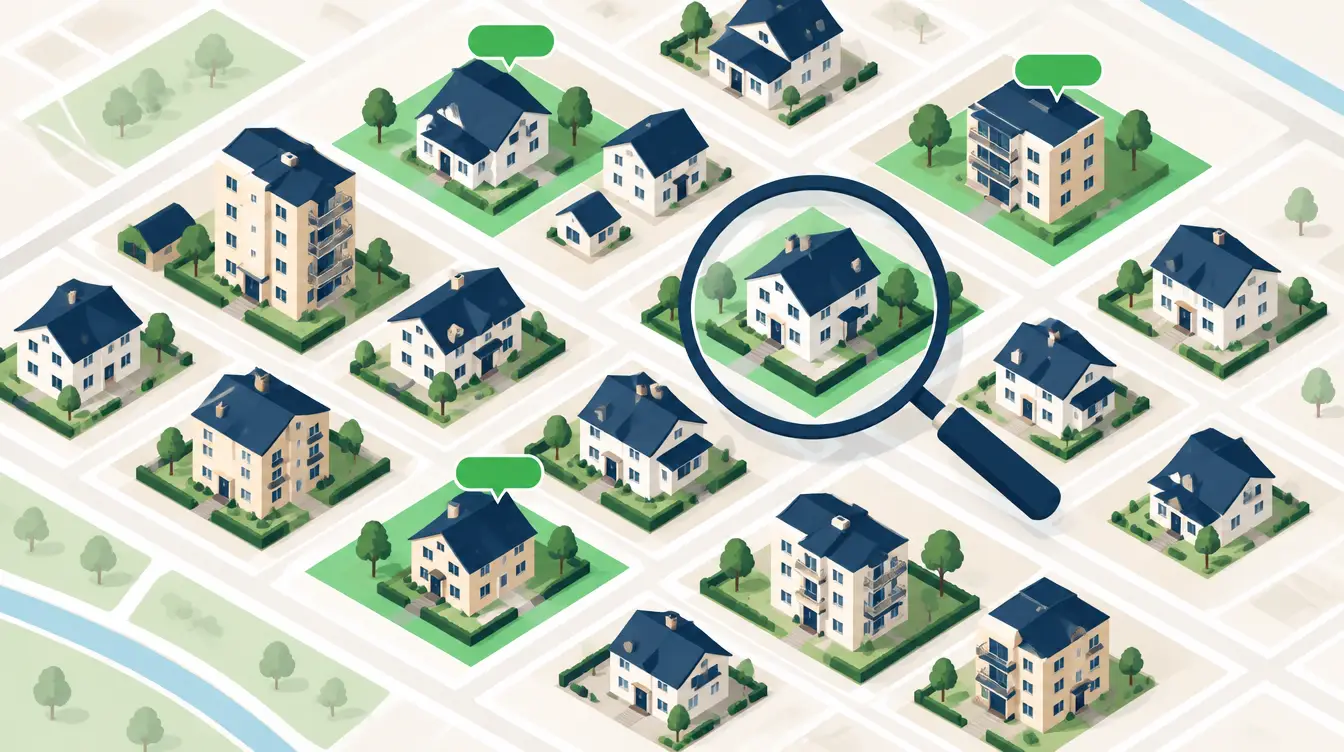 Illustration d'un quartier vu du dessus avec parcelles cadastrales mises en avant et loupe sur une maison