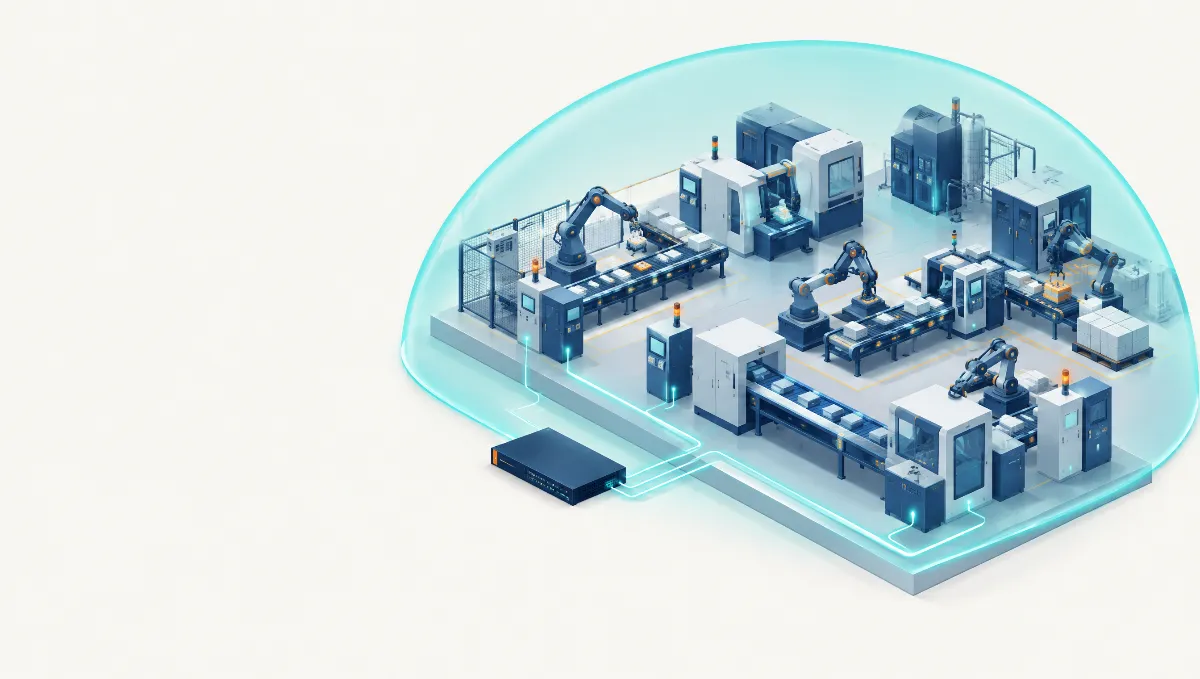 Usine industrielle protégée par un dôme de sécurité et une appliance Access Gate, cybersécurité OT sans arrêt de production